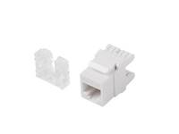 Weißer Kunststoff-Elektrostecker mit separatem durchsichtigem Verriegelungsclip auf einfachem weißen Hintergrund.