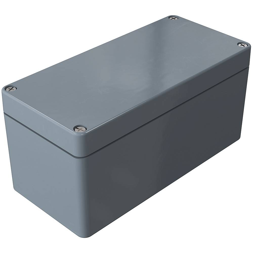 Eine graue rechteckige Metallgehäusebox mit vier Schrauben auf der Oberseite, wahrscheinlich zum Schutz von elektrischen Komponenten verwendet.