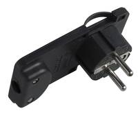 Schwarzer zweipoliger Steckeradapter mit einer Buchse auf einer Seite und einer Schlaufe zum Aufhängen
