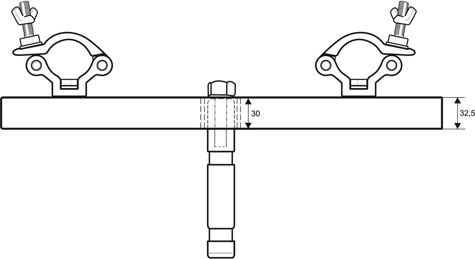 Eine Skizze zeigt einen Bolzen, der eine horizontale Leiste durchquert, wobei Messungen einen Abstand von 30 Einheiten zwischen den Komponenten angeben.