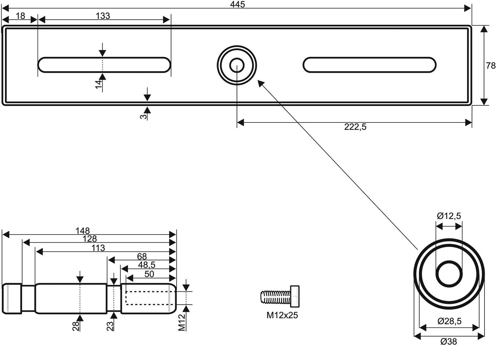 Technische Zeichnung eines Metallblechs mit Abmessungen: 445 Breite, 222,5 Abstand, zwei Schlitze und ein zentrales Loch; inklusive M12x25 Schraube.
