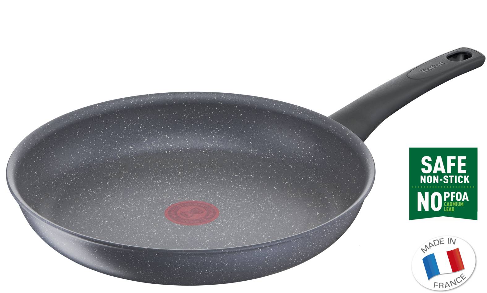 Graue Antihaft-Bratpfanne mit langem Griff, beschriftet mit „SAFE NON-STICK