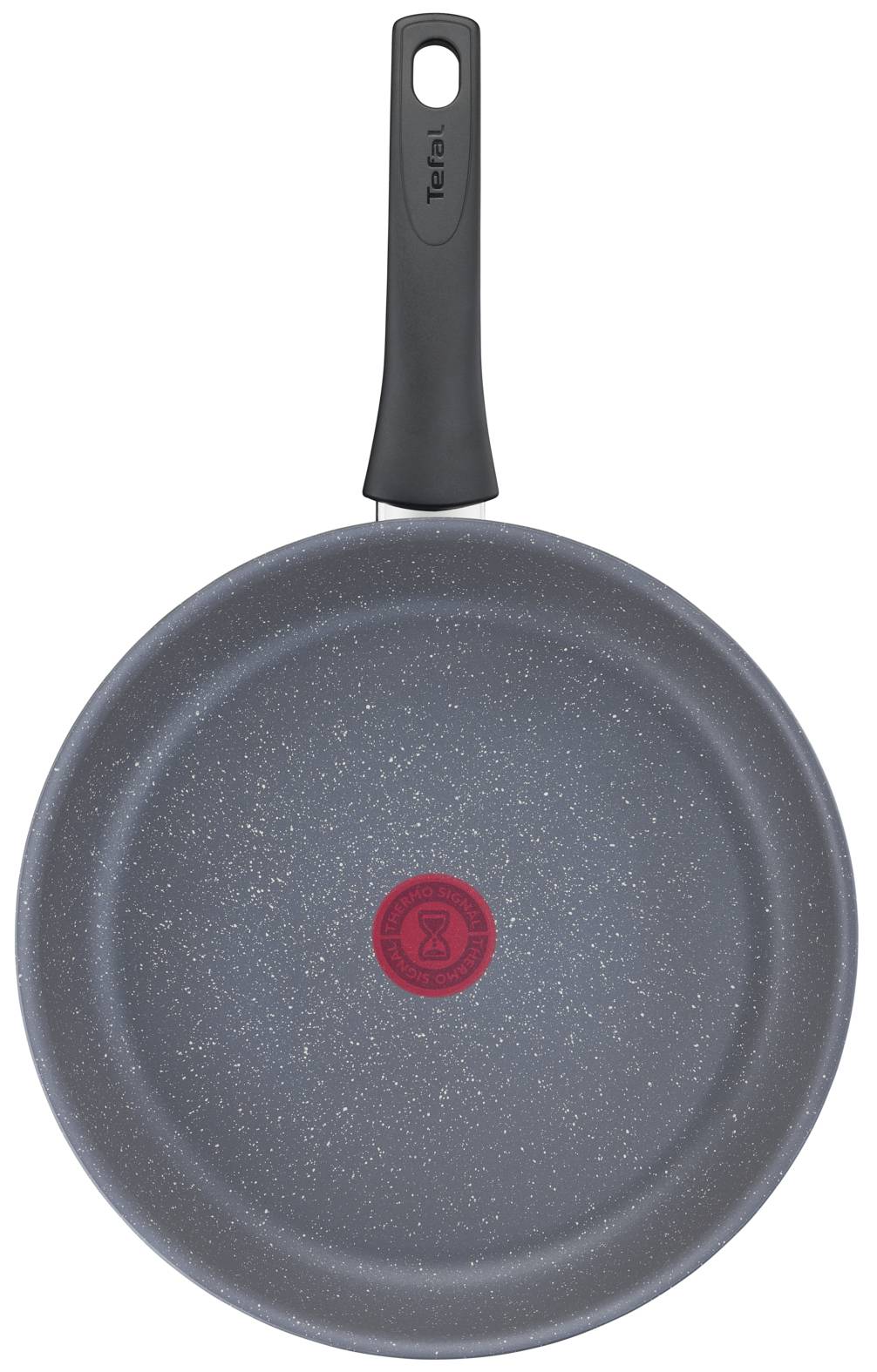 Graue Tefal-Antihaft-Bratpfanne mit schwarzem Griff und rotem Wärmeanzeige-Punkt in der Mitte, abgebildet auf weißem Hintergrund.