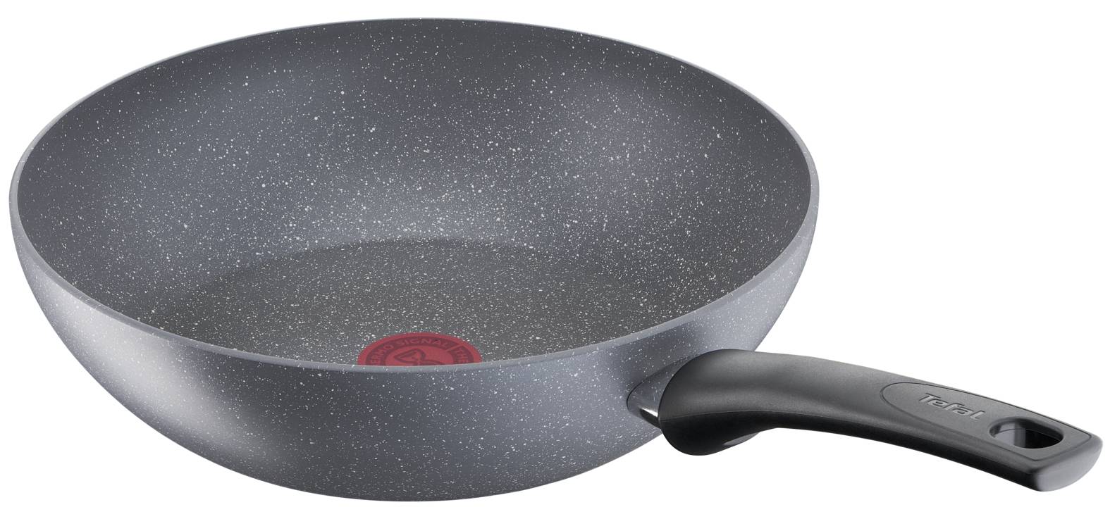 Grauer gesprenkelter Antihaft-Wok-Topf mit schwarzem Griff, von oben in leerer Form aus leicht geneigtem Winkel gezeigt.