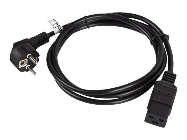 Schwarzes Stromkabel mit gewinkreltem europäischem Stecker auf der einen Seite und IEC-Geräteverbinder auf der anderen Seite, aufgewickelt auf weißem Hintergrund.