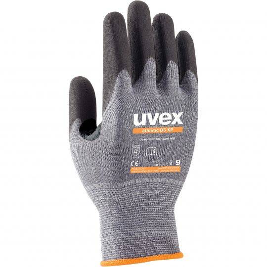 Grauer und schwarzer uvex-Arbeitshandschuh für Sport mit orangefarbener Einfassung, frontal auf weißem Hintergrund abgebildet.