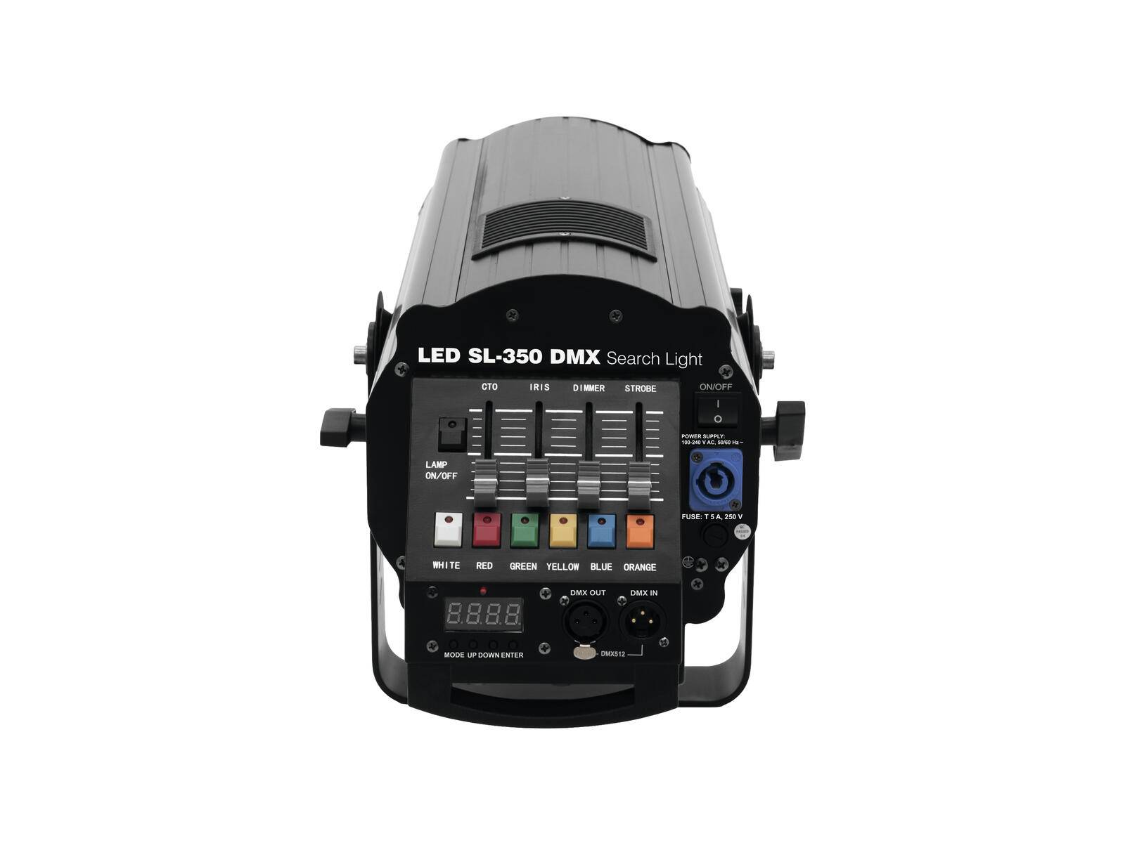 LED SL-350 DMX Suchscheinwerfer mit mehreren Farb- und Effektschaltern, digitaler Anzeige und Bedienelementen für Licht- und Stroboskop-Einstellungen.