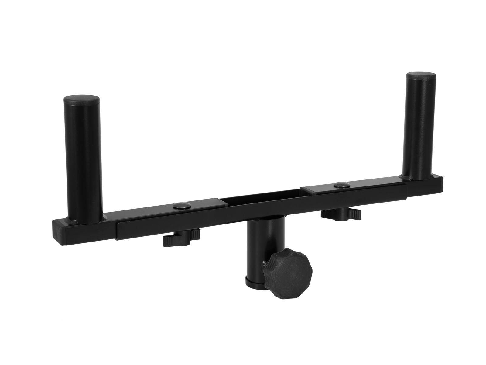 Eine schwarze Halterung mit zwei vertikalen Stützstangen und einem zentralen Einstellknopf, die typischerweise zum Halten oder Abstützen von Ausrüstung verwendet wird.