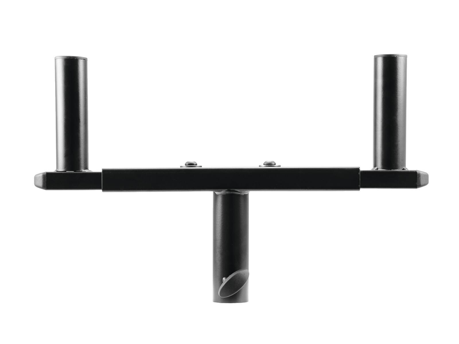 Ein schwarzer Metallhalter mit drei senkrecht angeordneten zylindrischen Halterungen zur Befestigung.