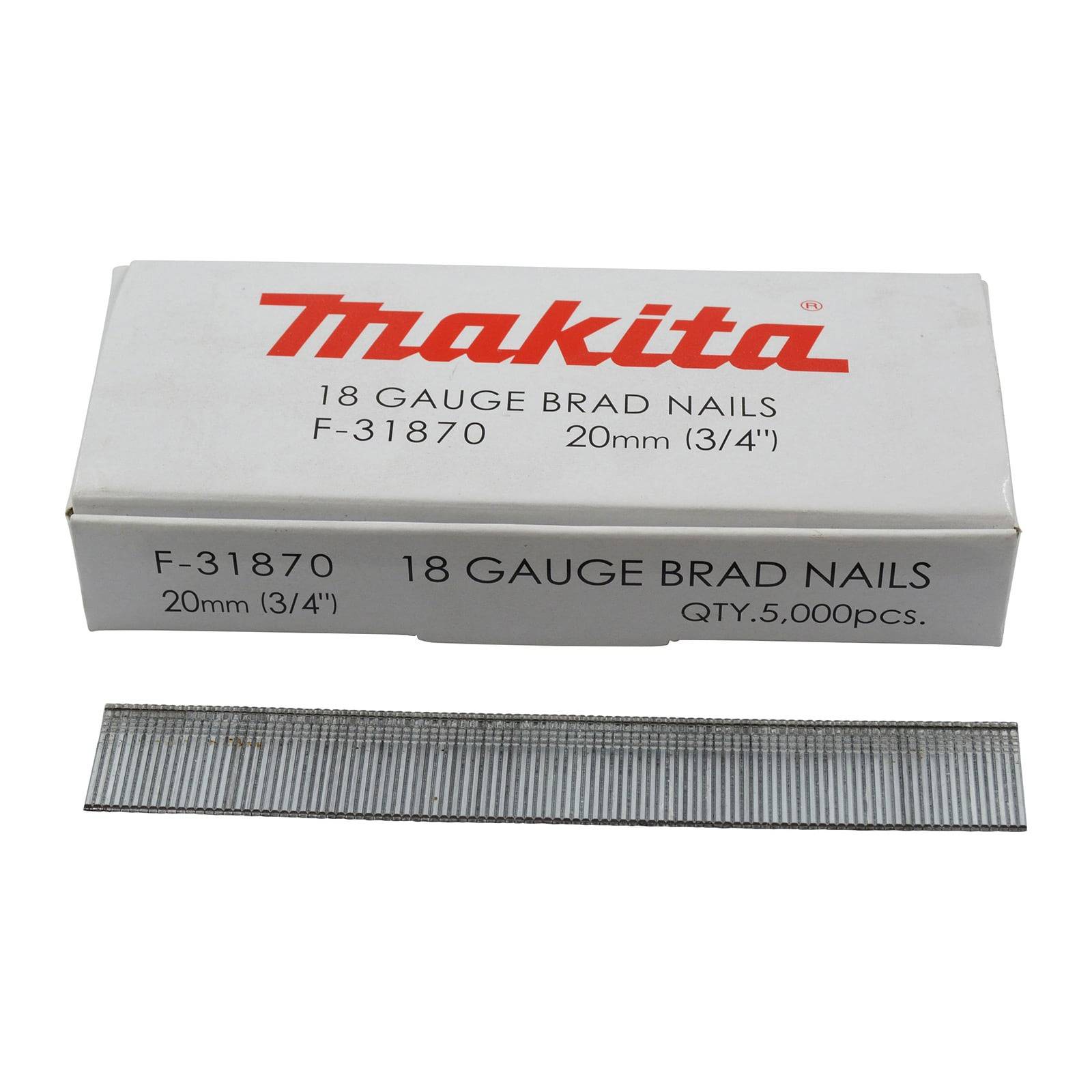 Makita 18 Gauge Bradnägel-Box mit Nägeln, die davor ausgelegt sind. Box-Text: 'F-31870, 20mm (3/4