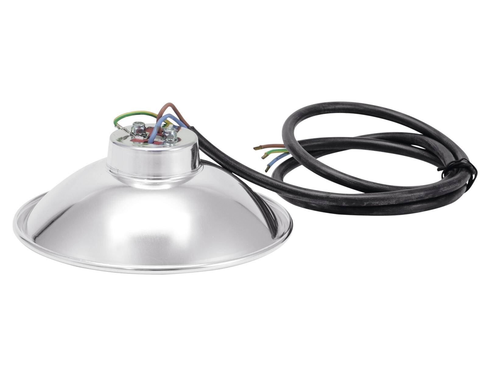 Metallische Deckenleuchte mit sichtbaren Innenleitungen und einem langen schwarzen Stromkabel.