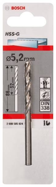 Metallbohrer, 86 mm lang, 52 mm Einführtiefe, 135-Grad-Spitzenwinkel, entsprechend DIN 338-Norm.