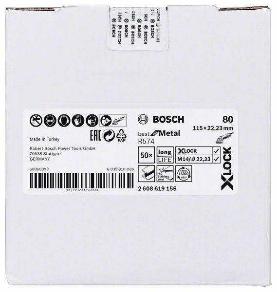 Schleifscheibe Verpackung: 'Bosch X-LOCK', 115 mm, 80 Körnung; 'Best for Metal'. Enthält Sicherheitssymbole, Barcodes und Produktdetails. Hergestellt in der Türkei.