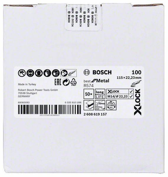Bosch X-Lock Metalltrennscheibe, Maße 115 x 22,23 mm, Modell R574. Lange Lebensdauer angegeben, geeignet für den Einsatz in der Türkei und in Deutschland.