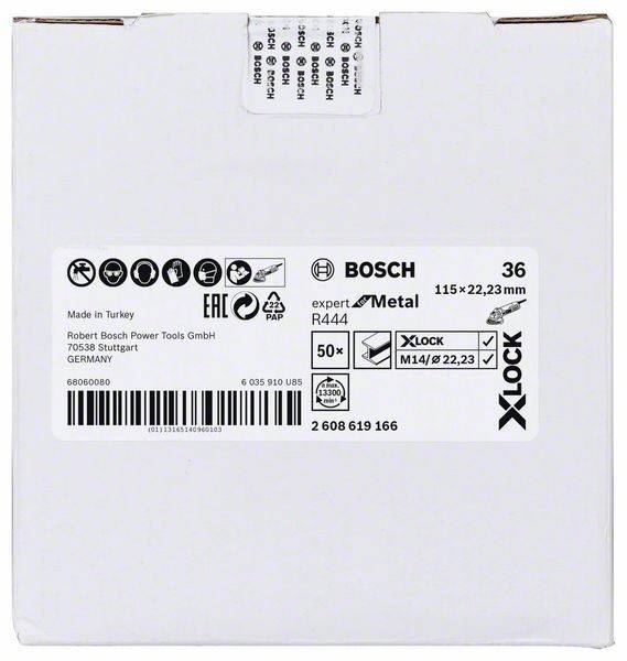 Bosch X-Lock Metall-Trennscheibe, 115x22,23mm, 36 Körnung, Modell R444, hergestellt in der Türkei. Geeignet für Winkelschleifer.