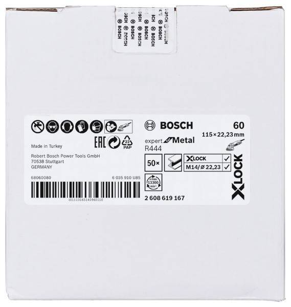 Bosch X-Lock Schleifscheiben-Packung, Modell R444, 115x22,23 mm, 60er Körnung, hergestellt in der Türkei. Enthält 50 Scheiben. Geeignet für Metall.