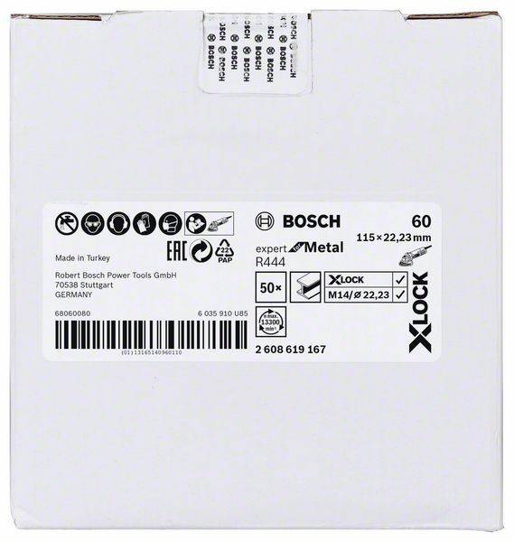 Bosch X-LOCK 115 mm Metalltrennscheibe, max. Drehzahl 13.300, 60 Körnung. Verpackung: 50 Scheiben, hergestellt in der Türkei, geeignet für M14-Aufnahme.