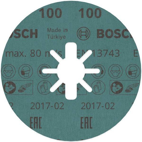 Bosch Schleifscheibe, 100 max Umdrehungen pro Minute, hergestellt in der Türkei, Februar 2017. Sicherheitssymbole zur Empfehlung von Handschutz und Gesichtsschutz.