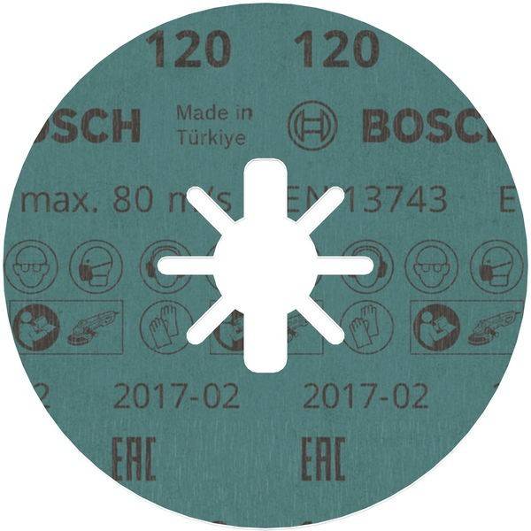 Ein Schleifpapier-Blatt mit dem 'Bosch' Logo, der Körnung '120', und Sicherheitssymbolen, die maximale Drehzahl und Nutzungshinweise anzeigen. Hergestellt in der Türkei.