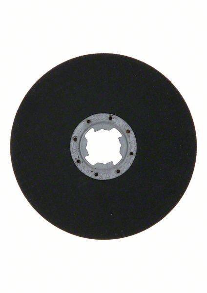 Eine kreisförmige, schwarze Trennscheibe mit einem zentralen Loch, die zum Schneiden von Metall oder anderen Materialien in Elektrowerkzeugen verwendet wird.