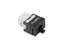 Schwarzweißer Netzwerkkabel-Keystone-Buchsenadapter auf weißem Hintergrund.