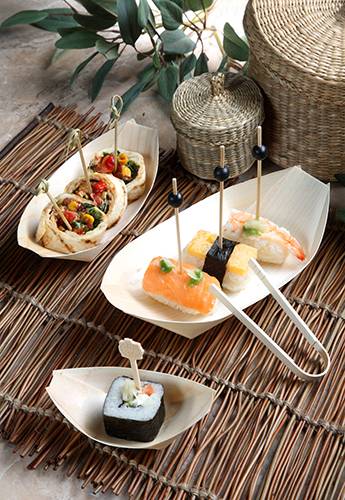 50 Fingerfood - Schalen, Holz "pure" 14 cm x 8,2 cm "Schiffchen". Material: Holz. Farbe: natur