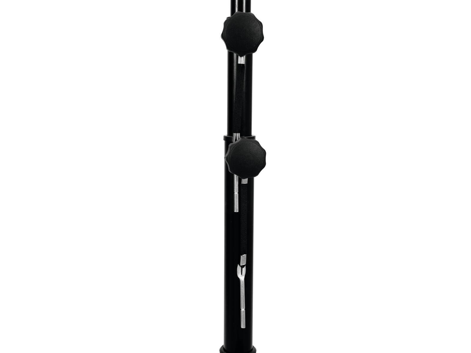 Ein vertikaler schwarzer Stativ mit zwei verstellbaren Knöpfen zur Höheneinstellung und einer stabilen kreisförmigen Bodenplatte.