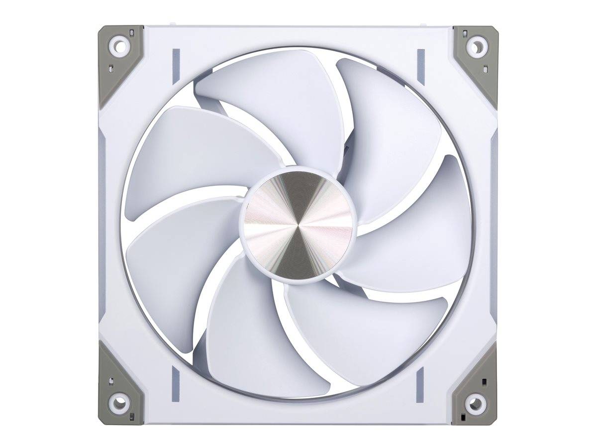 Weißer Computer-Kühlungsventilator mit sechs Blättern in einem quadratischen Metallrahmen, von vorne gezeigt.