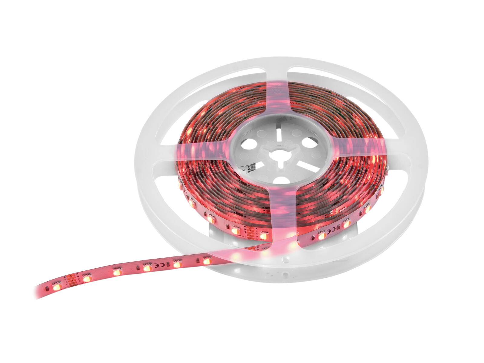 Eine Rolle mit roten LED-Streifenleuchten, die auf einer runden weißen Kunststoffspule aufgewickelt sind, wobei ein Teil des Streifens ausgerollt ist.