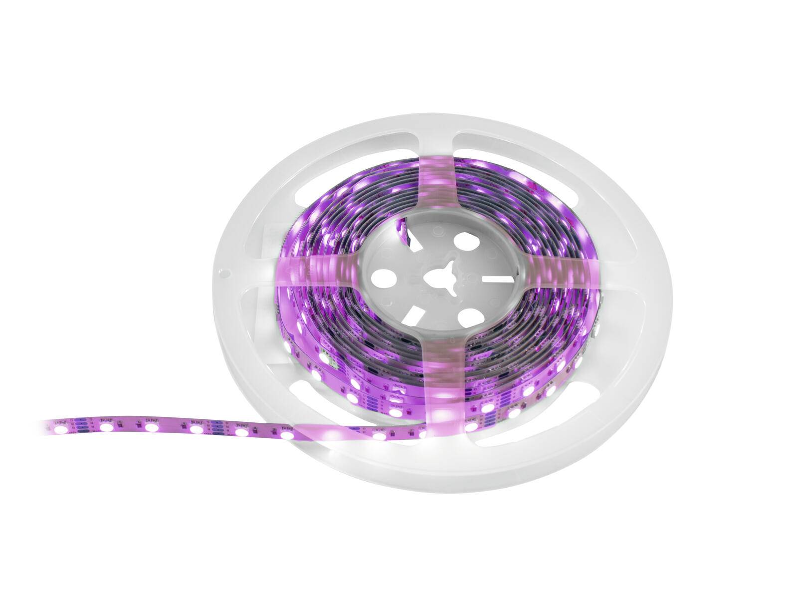 Eine Rolle mit violetten LED-Streifenlichtern auf einer weißen Spule, teilweise abgerollt.
