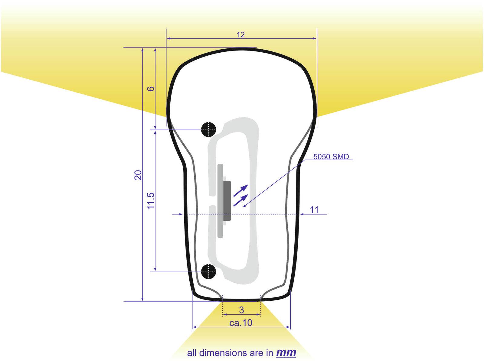 Ein Diagramm einer LED-Glühbirne mit beschrifteten Abmessungen: 12 mm Breite, 20 mm Höhe und zwei 5050 SMD-Komponenten.