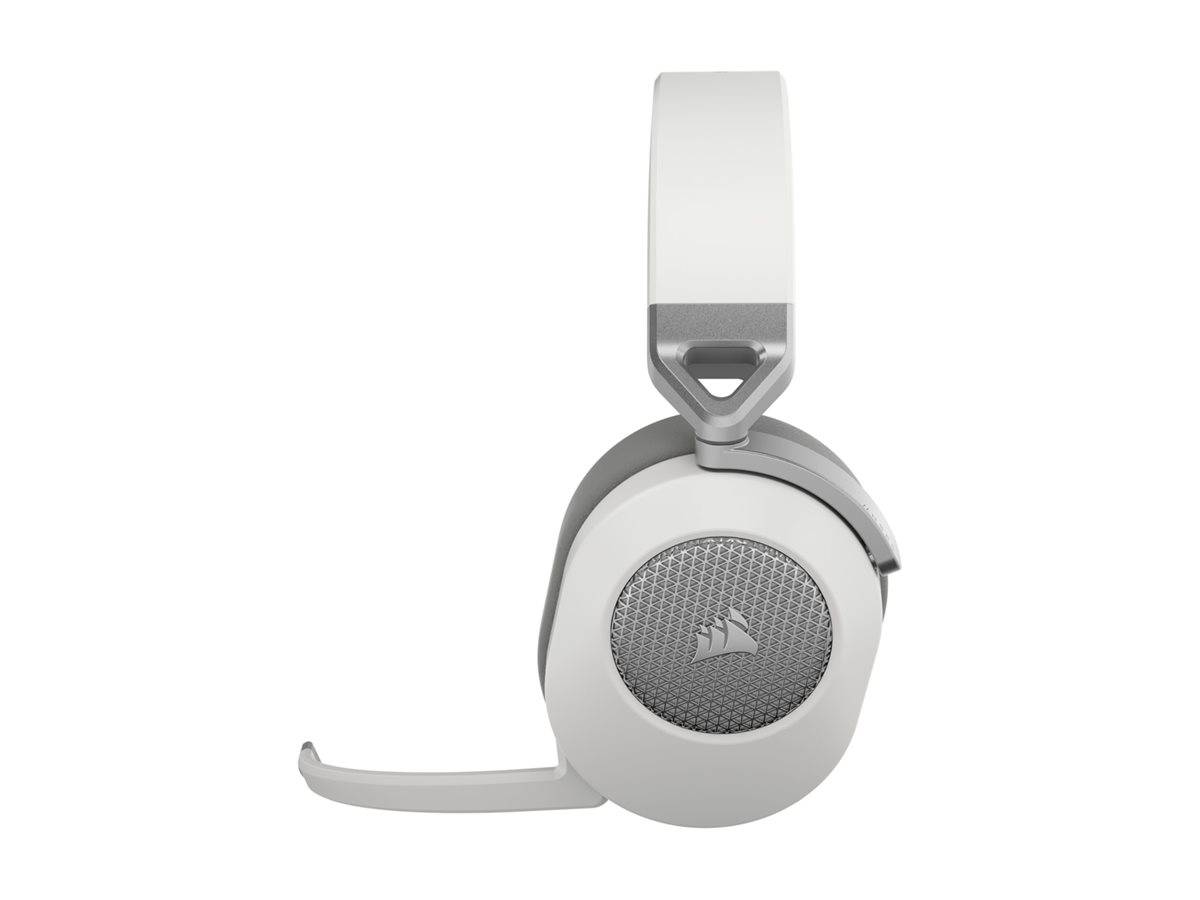 Weiße Over-Ear-Wireless-Gaming-Headset mit Mikrofon, mit einem netzartigen Design auf der Ohrmuschel und einem dicken gepolsterten Kopfbügel.