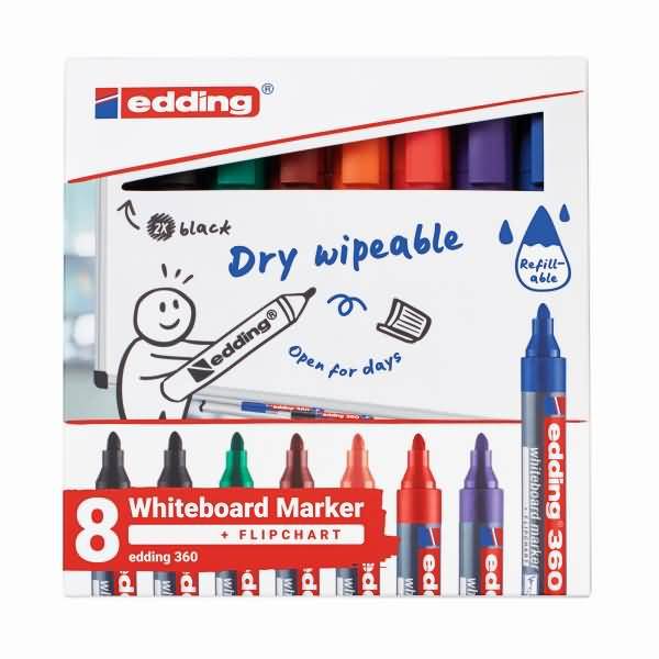 Schachtel mit edding 360 Whiteboard- und Flipchart-Markern, acht verschiedene Farben, gekennzeichnet als trocken abwischbar und nachfüllbar.