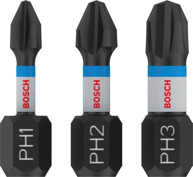 Drei Bosch-Schraubenbits mit Beschriftung 'PH1', 'PH2' und 'PH3' in Schwarz und Grau, die verschiedene Größen für Philips-Schrauben anzeigen.