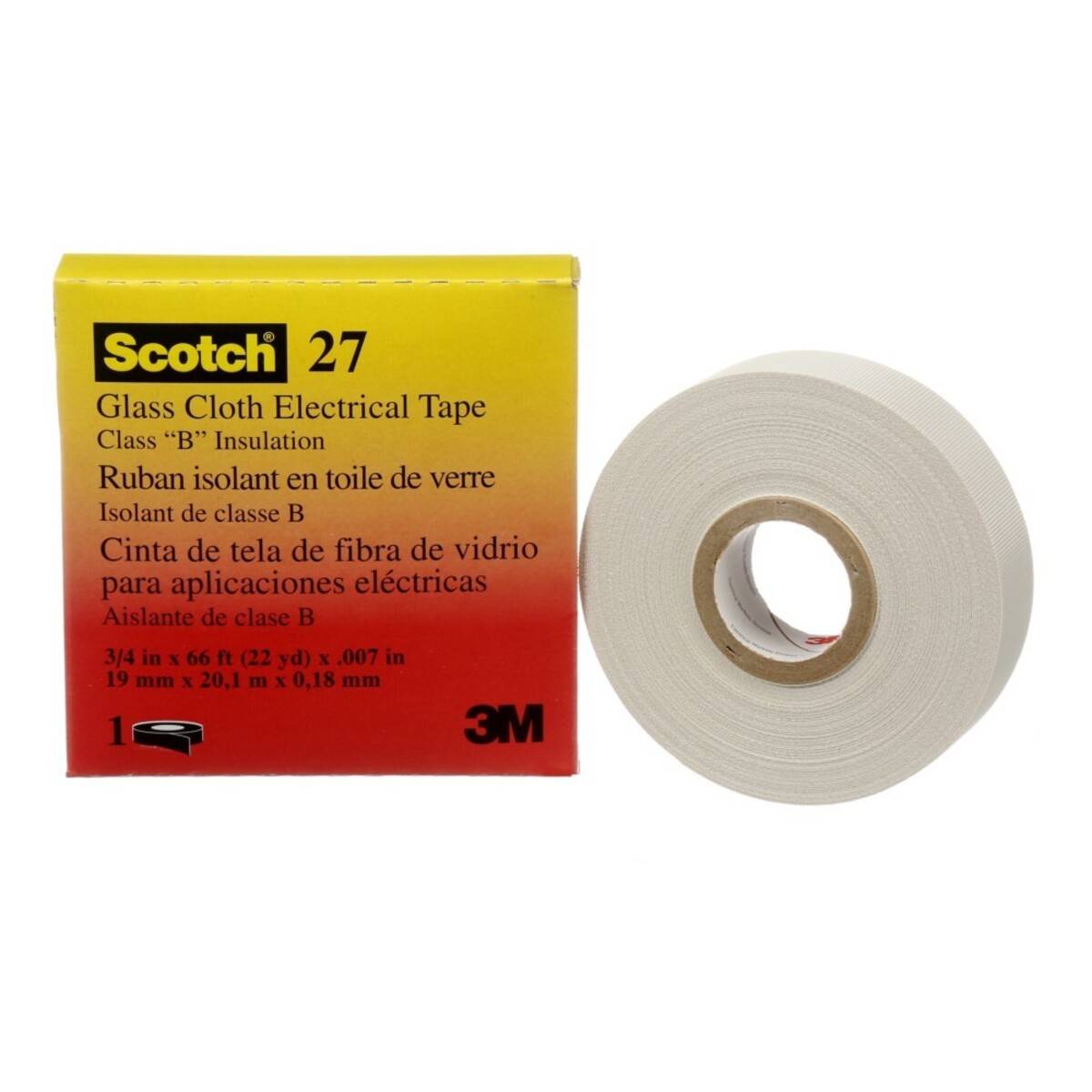 Eine Rolle Scotch 27 Glasfasertuch-Elektroband mit einer Schachtel. Die Schachtel ist gelb und rot und für Isolationsanwendungen der Klasse 'B' gekennzeichnet.
