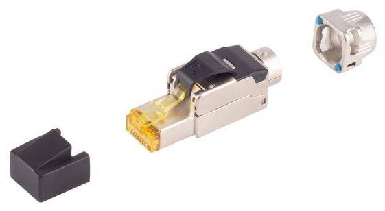 Eine Nahaufnahme eines silberfarbenen RJ45-Ethernet-Steckers mit einer gelben Kunststoffspitze und einem schwarzen Verriegelungsclip.