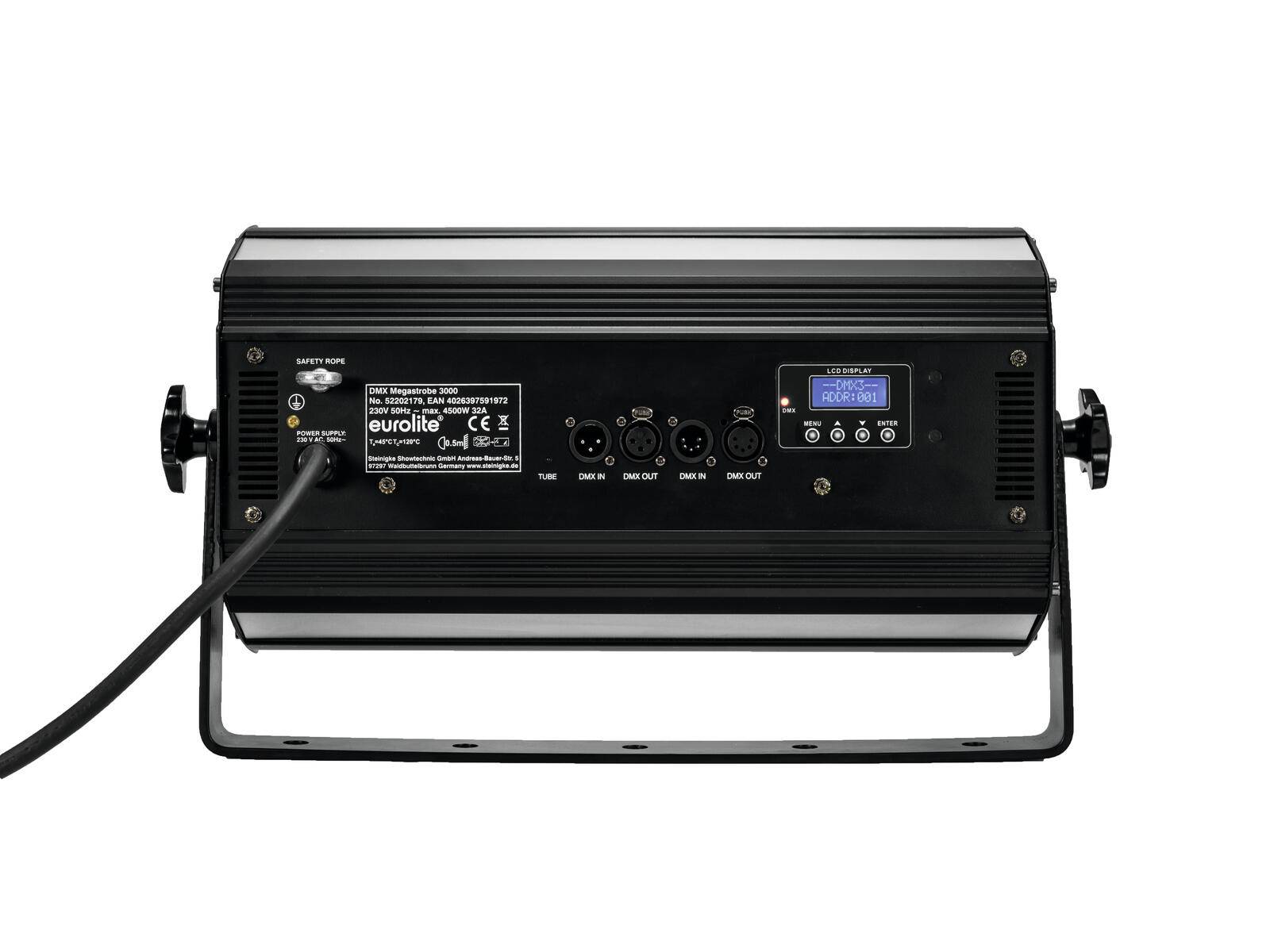 Das Bild zeigt die Rückansicht eines schwarzen Bühnenlichts mit einer digitalen Anzeige. Es verfügt über DMX-Ein-/Ausgänge, einen Stromanschluss und Bedienungstasten.