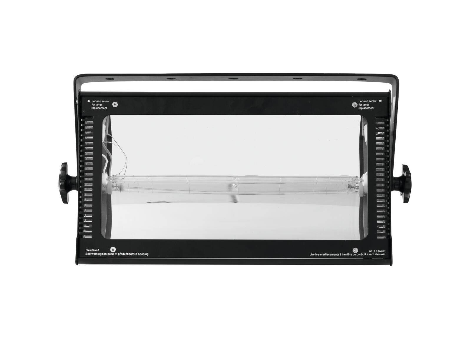 Eine rechteckige schwarze Leuchte mit transparenter Front, ausgestattet mit seitlichen Knöpfen und einer internen Glühbirne. Konzipiert für die Montage oder Installation.