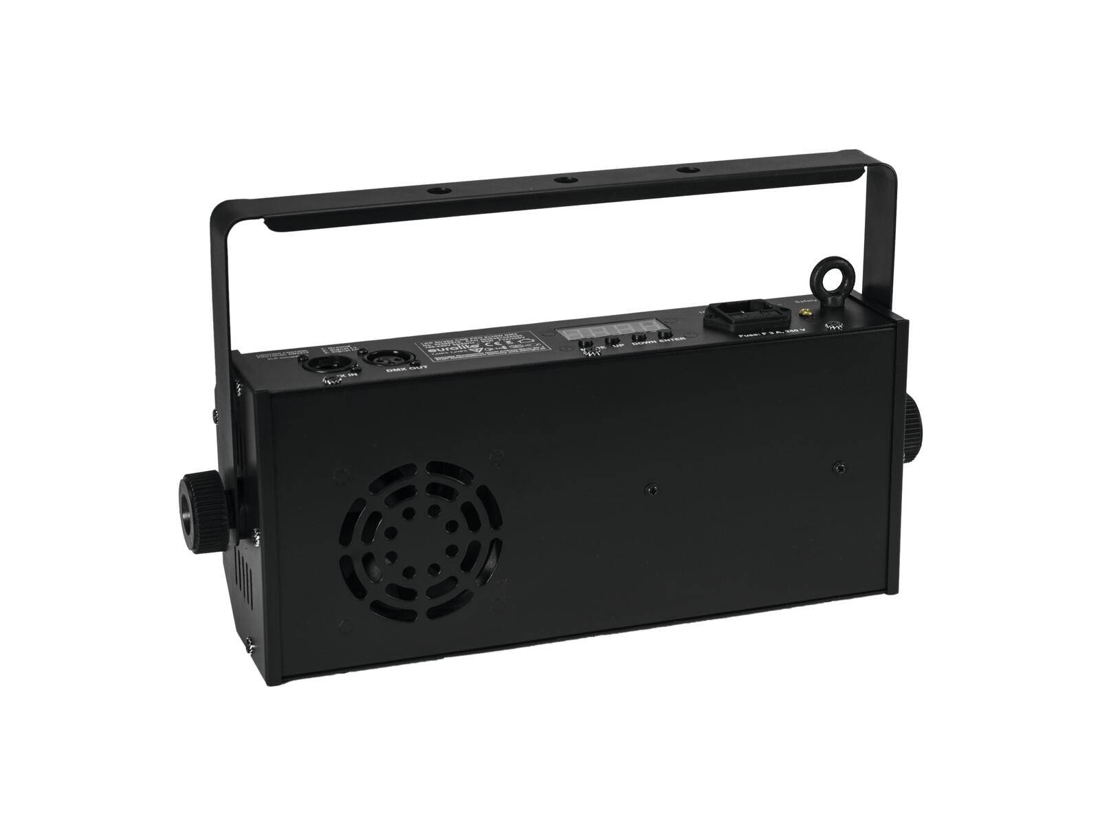 Schwarze Bühnenbeleuchtungsanlage mit mehreren Bedienungselementen und einem Griff, ausgestattet mit einem Lüfter zur Belüftung, für professionelle Beleuchtungsaufbauten.
