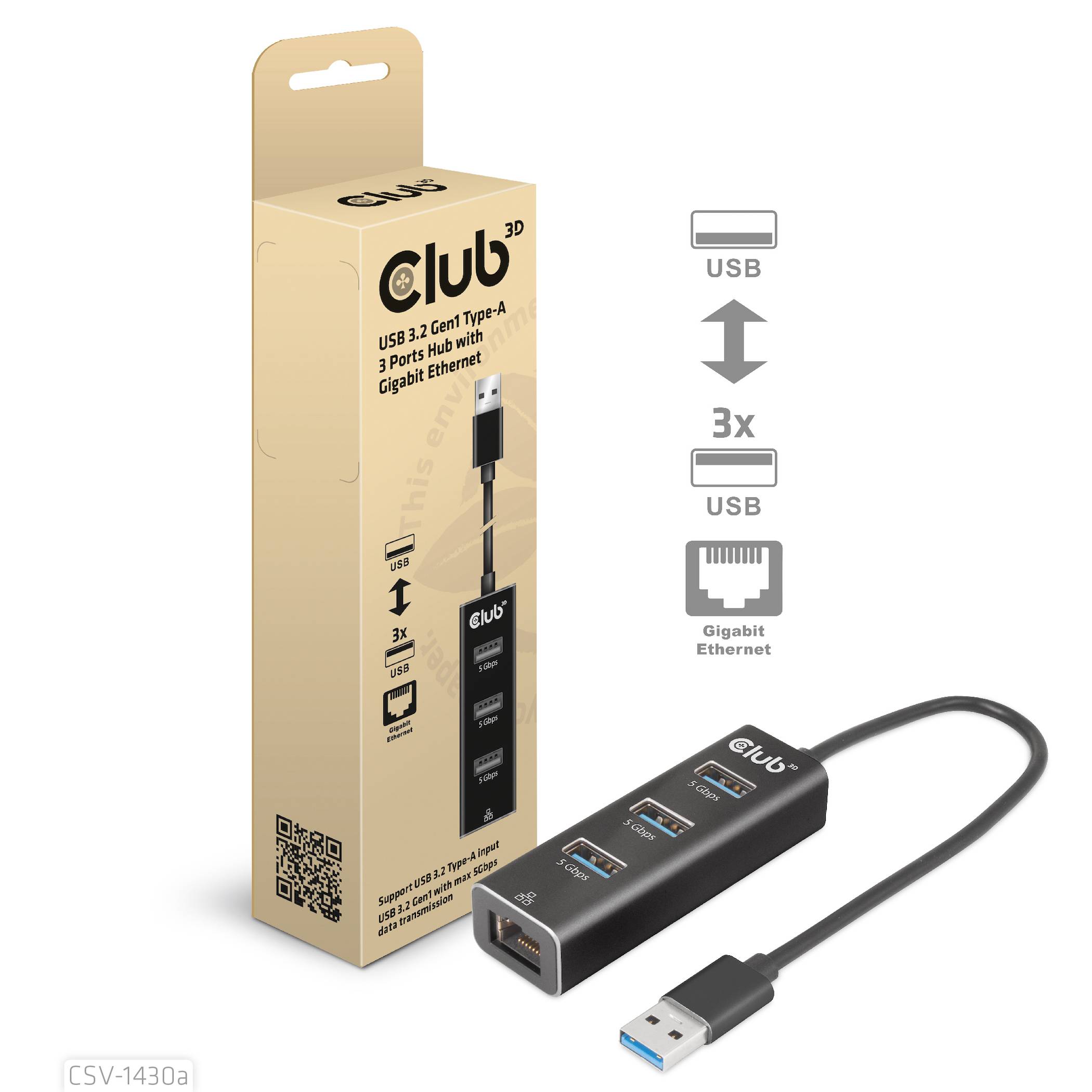 USB 3.2 Gen1 A 3-P Hub Gigabit Ethernet