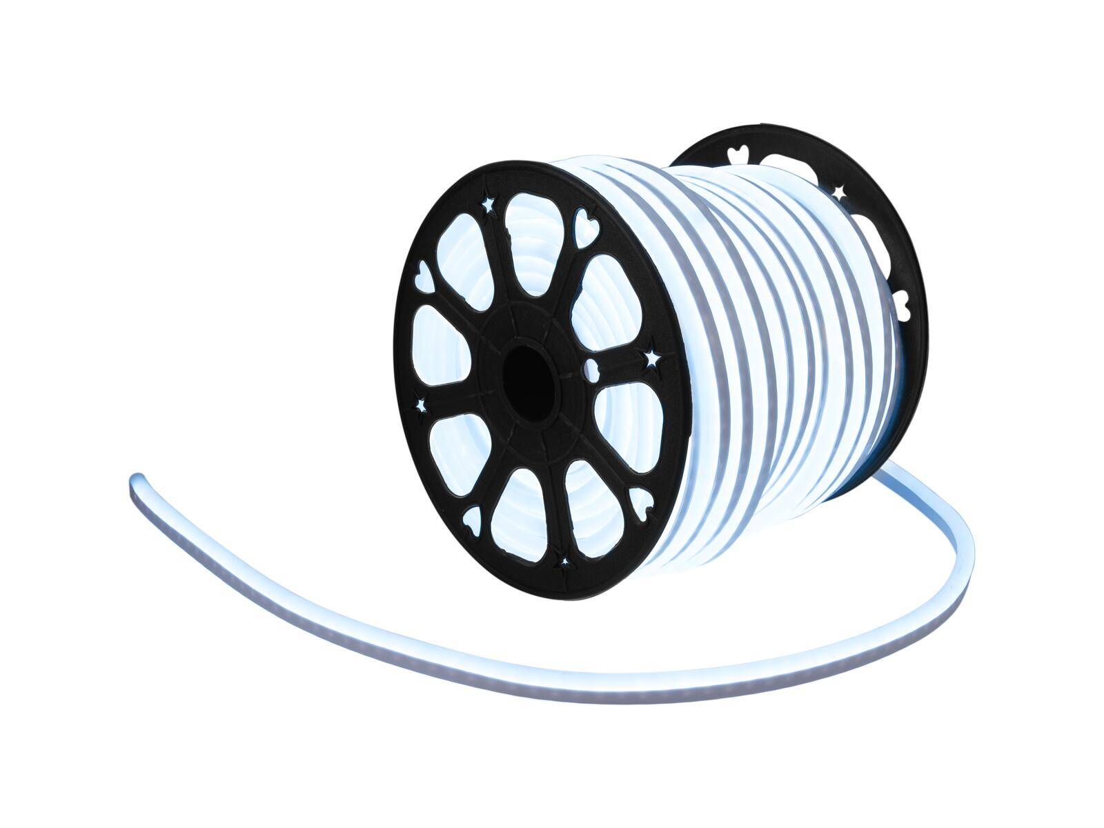 Eine Spule mit weißen LED-Streifen auf einer schwarzen Rolle, entwickelt für dekorative Beleuchtung.