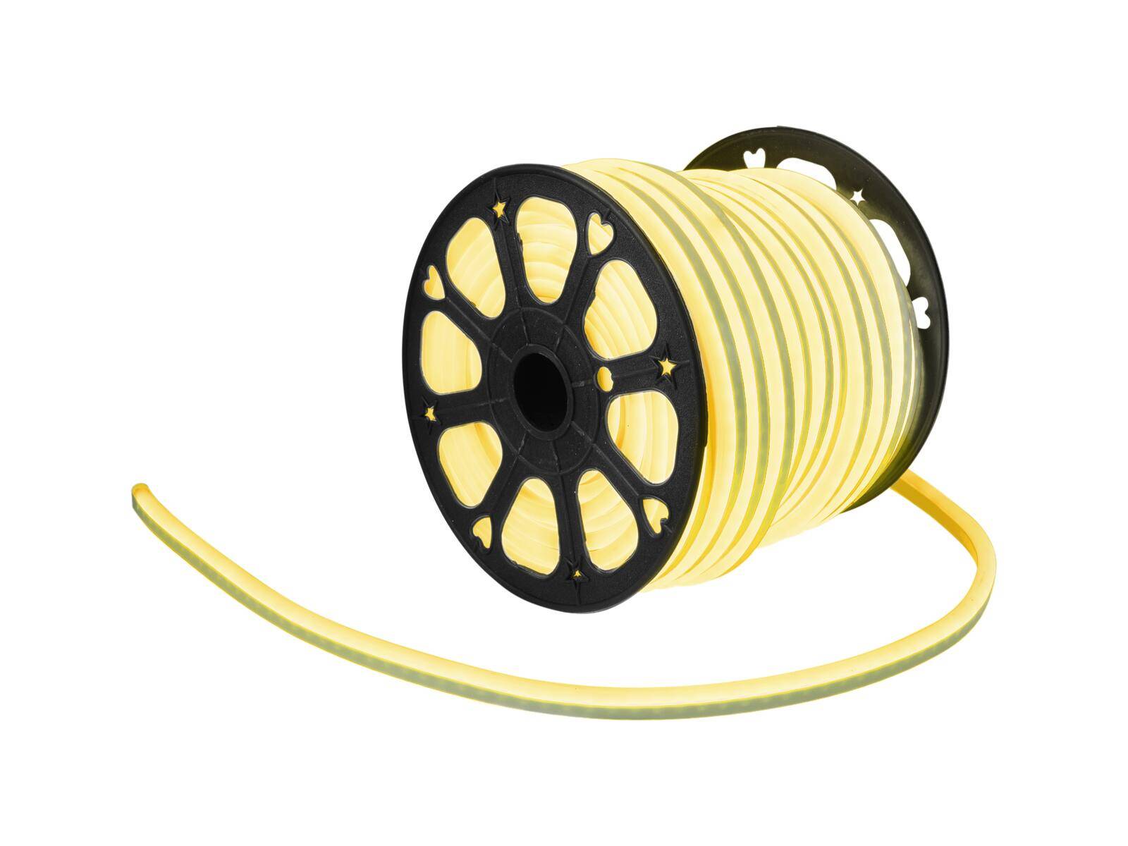 Ein gelbes Kabel, das um eine schwarze Spule mit herzförmigen Ausschnitten gewickelt ist, das zum Organisieren oder Lagern von Draht verwendet wird.