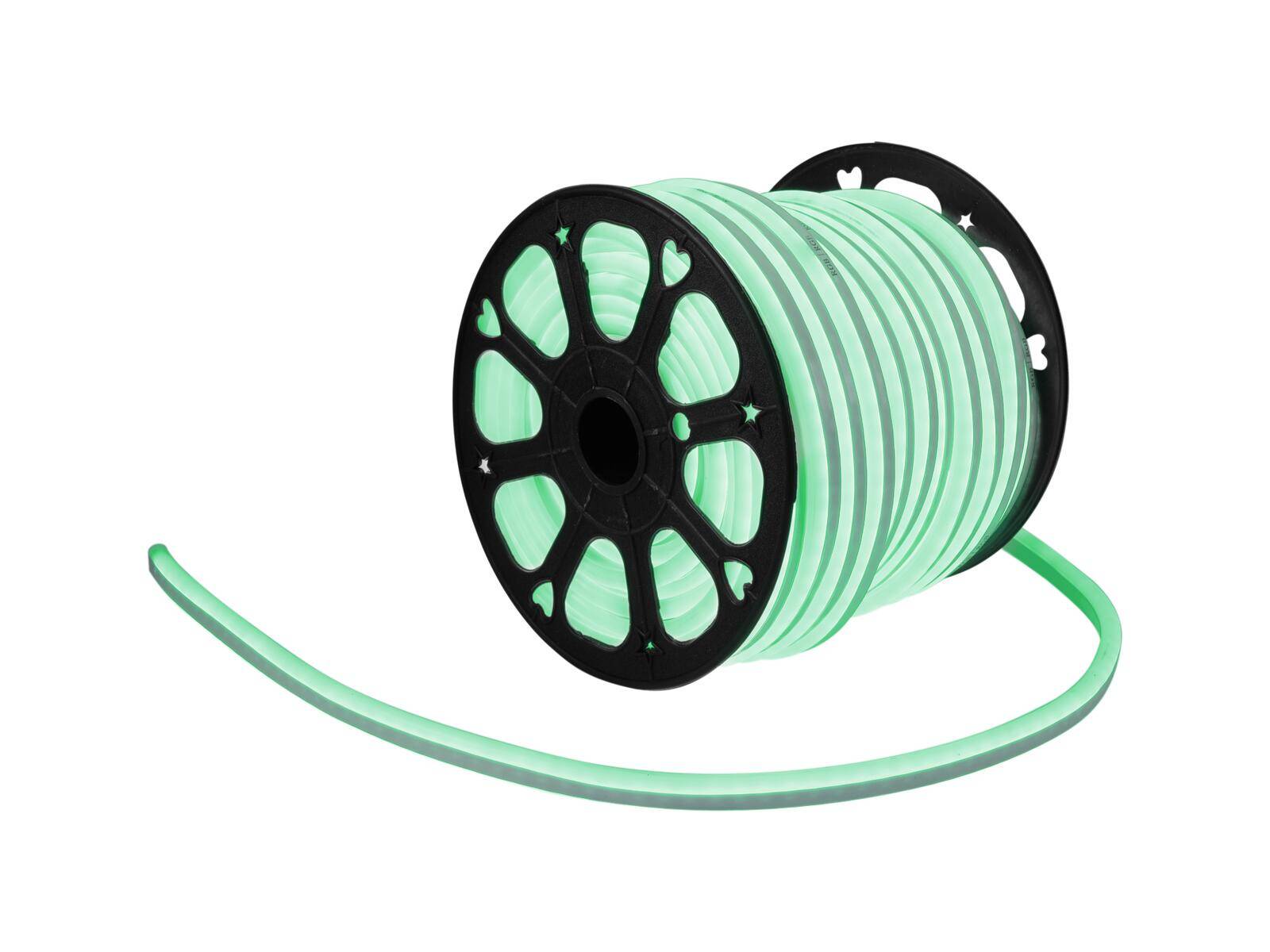 Eine Spule eines leuchtenden Lichtstreifens mit Herzenmuster ist auf einer schwarzen Rolle aufgewickelt und eignet sich für dekorative Beleuchtung.