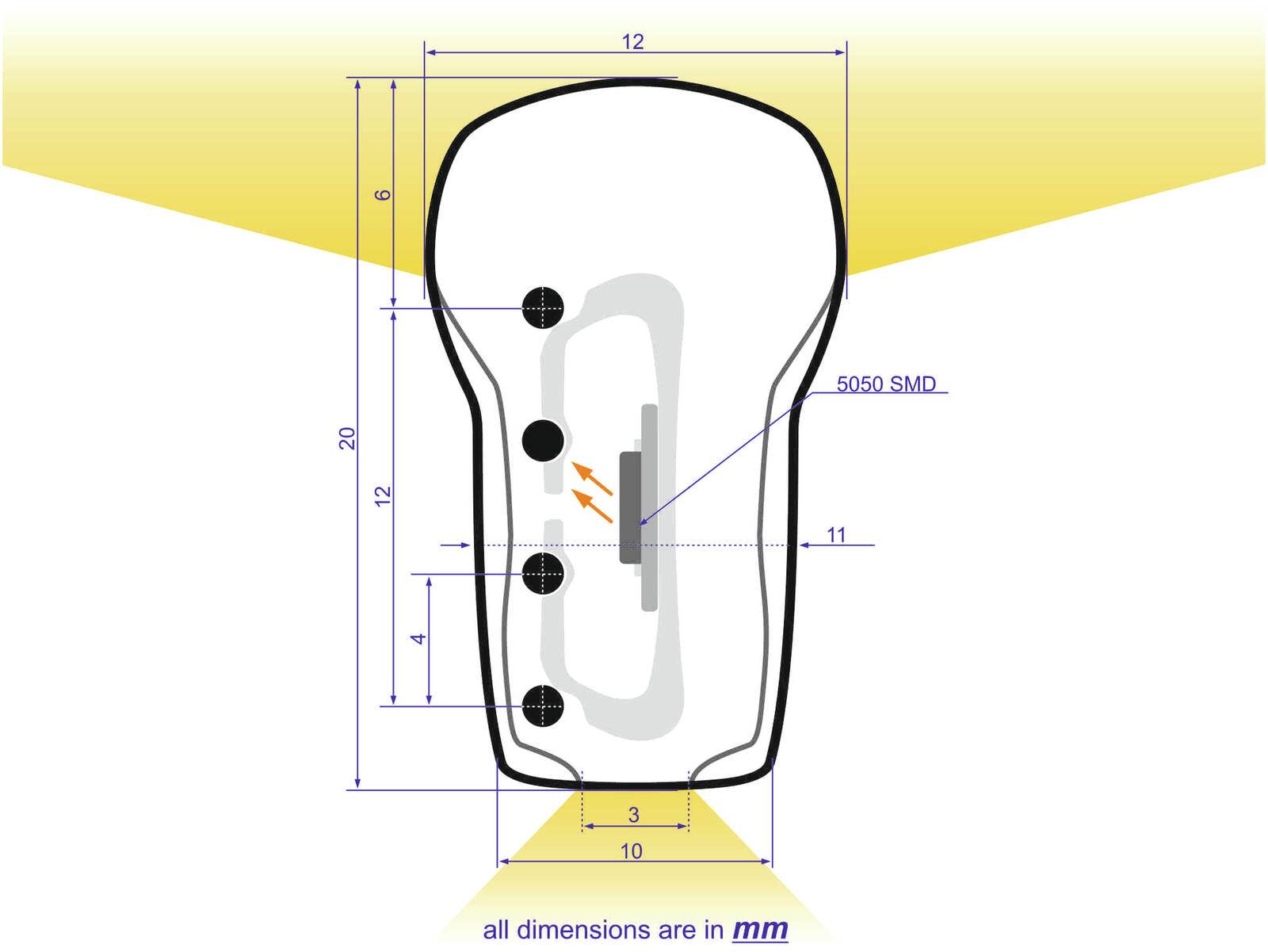 Technisches Diagramm einer Komponente mit den folgenden Abmessungen: 20 mm Höhe, 12 mm Breite, 3 mm untere Breite. Verwendet 5050 SMD-LED. Alle Maße sind in Millimetern (mm).