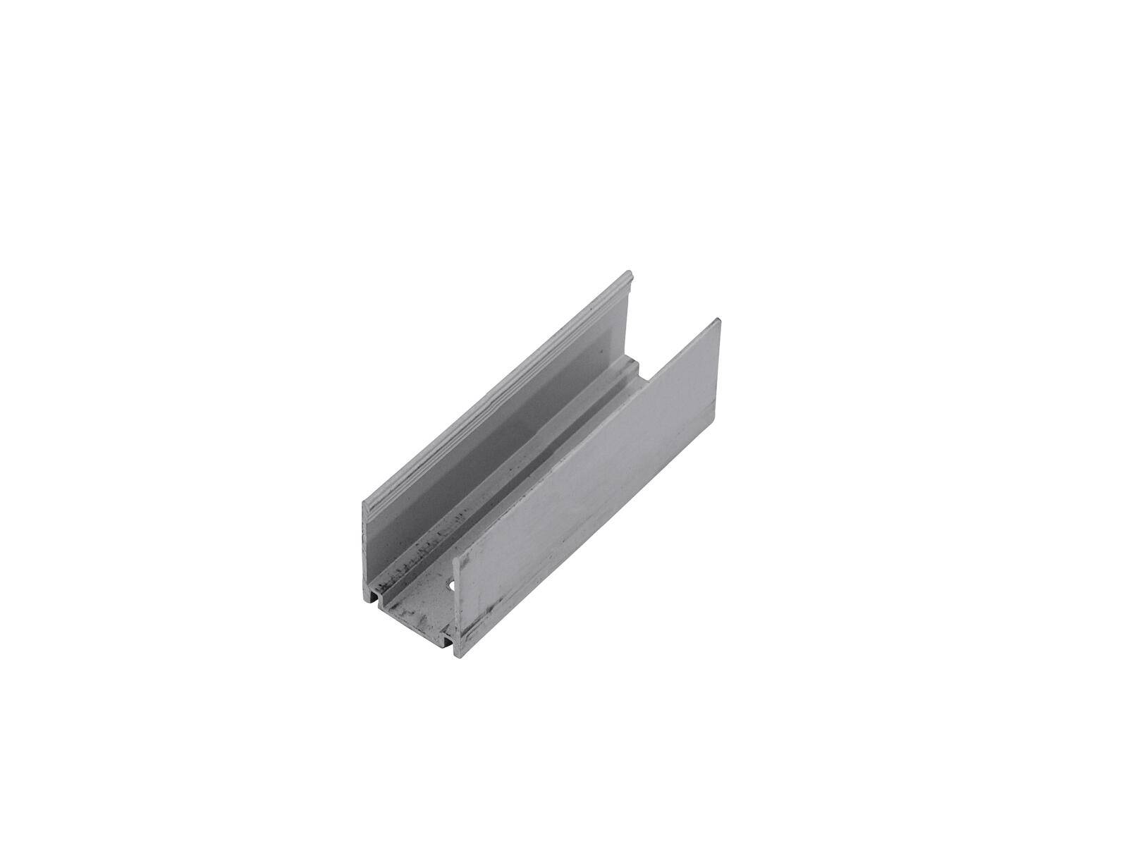 Aluminiumprofil, U-förmig, verwendet im Bau- oder Montagebereich, auf weißem Hintergrund gezeigt.