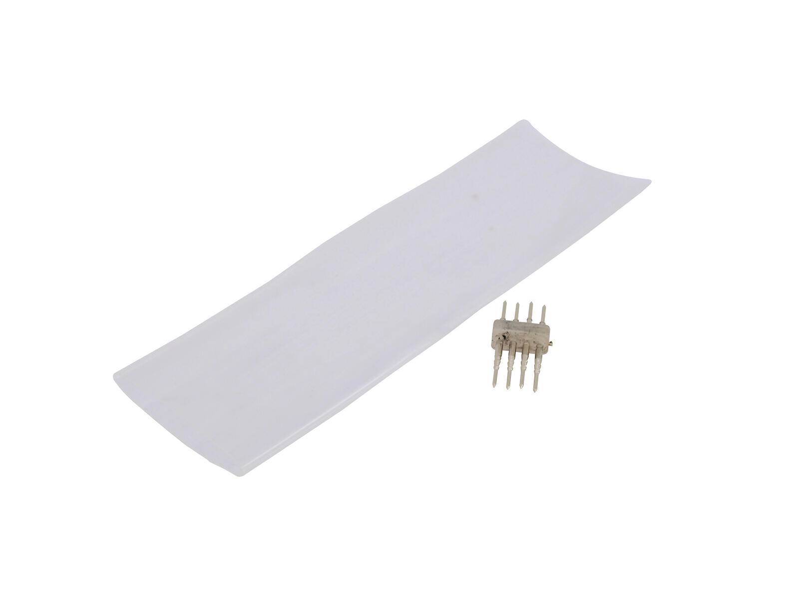 Ein weißer rechteckiger Keramikteller mit einer kleinen elektronischen Komponente mit mehreren Metallstiften auf weißem Hintergrund.