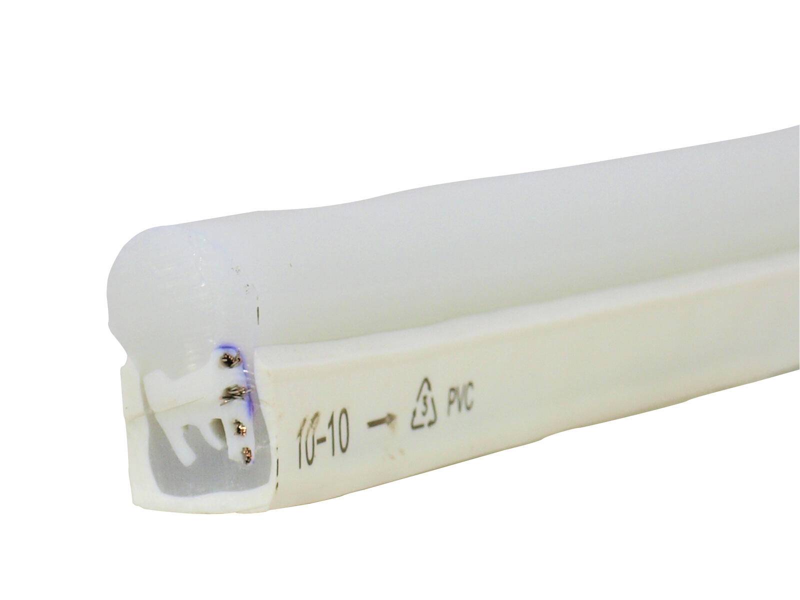 LED-Neon-Flexlichstreifen, weißes Gehäuse, mit Steckerkontakten auf der linken Seite. Pfeil und Recycling-Symbol in der Nähe der Mitte aufgedruckt.