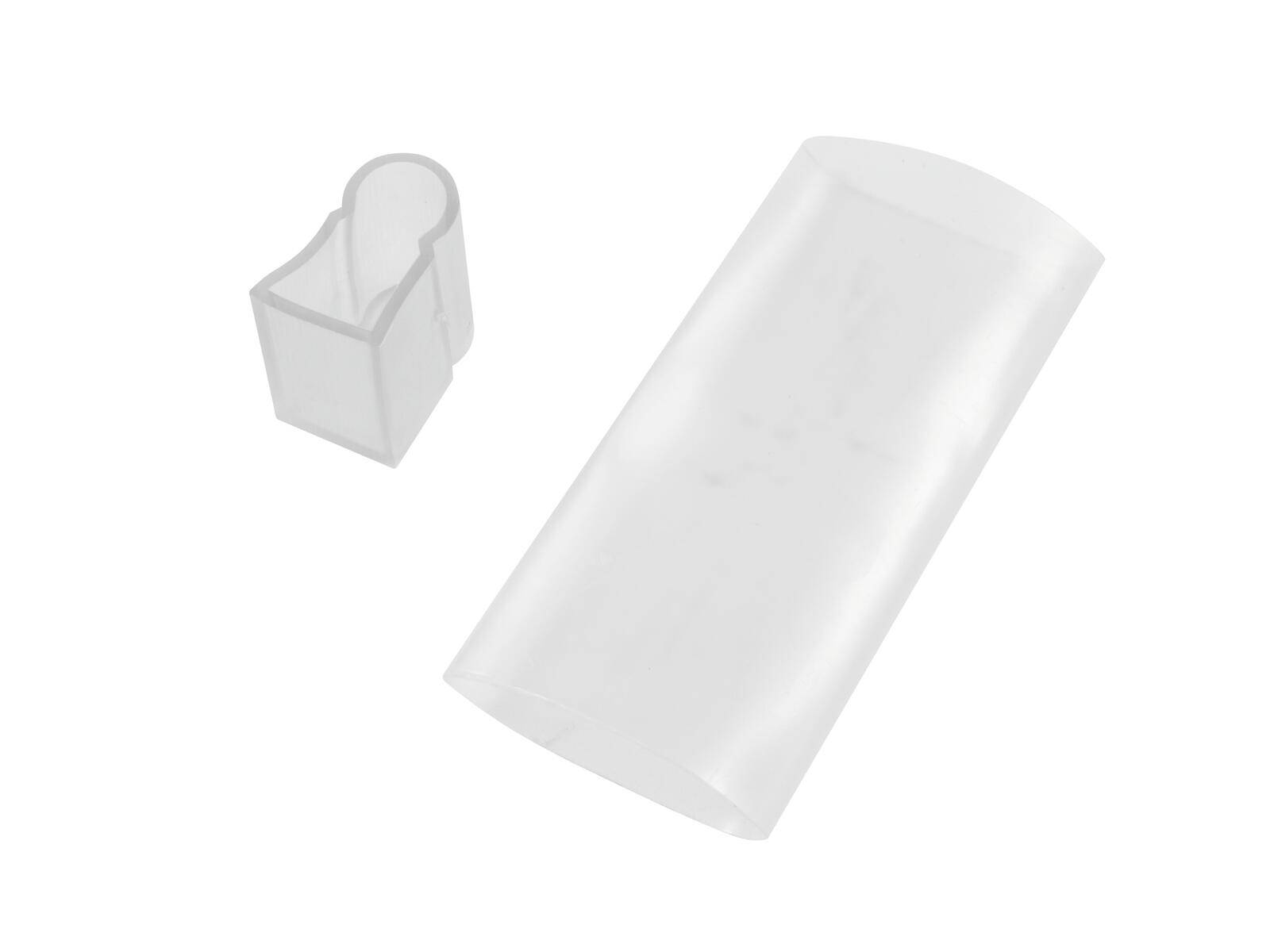 Transparenter Kunststoffclip und flexibles Blatt, beide transluzent, auf weißem Hintergrund. Der Clip ist rechteckig mit abgerundeten Ecken.