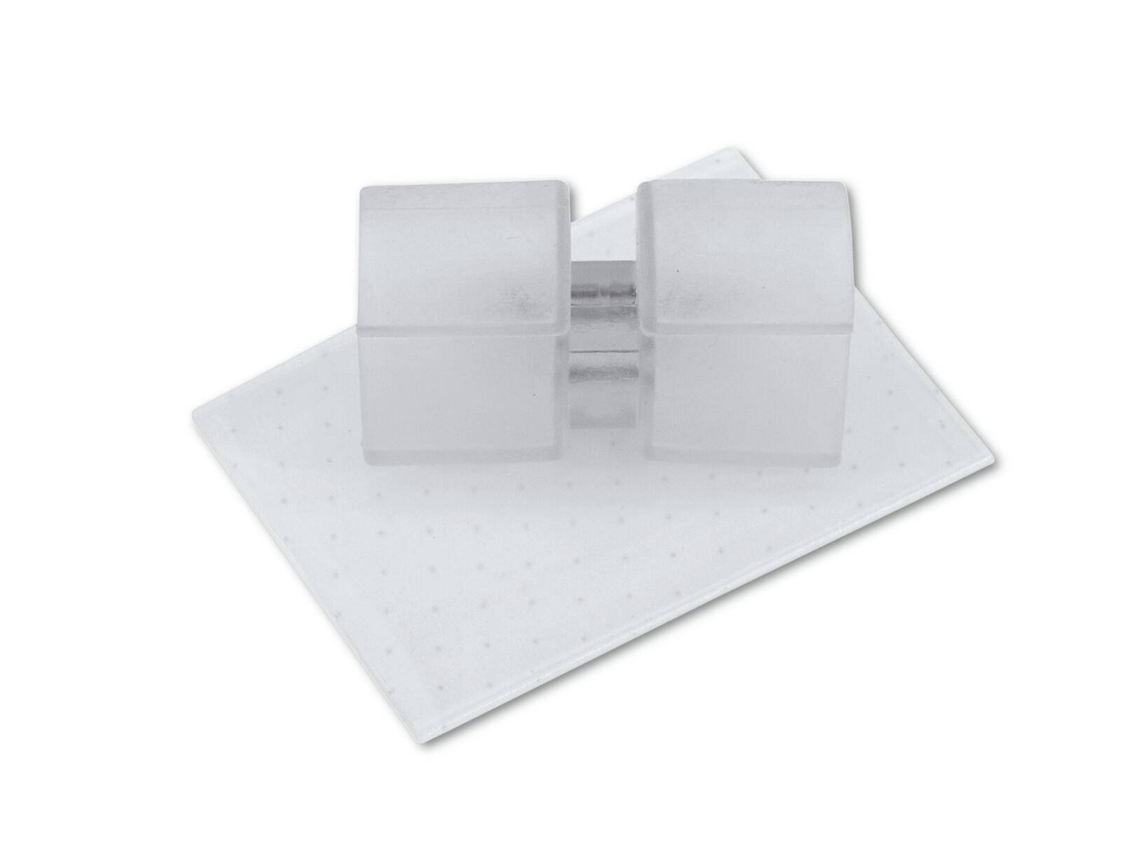 Eine mattierte Glastuchstange mit doppeltem Halter, zwei zylindrischen Klammern und rechteckiger Montageplatte, Schrägansicht zeigt die Einfachheit.