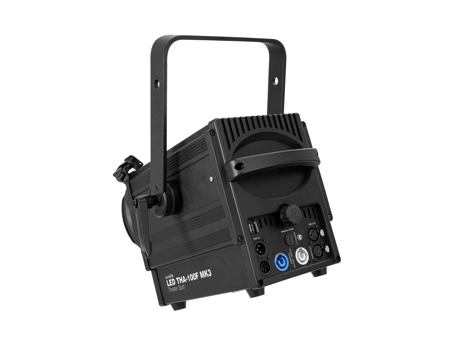 Ein schwarzes LED-Bühnenlicht mit Griff und verschiedenen Anschlussanschlüssen, mit der Bezeichnung „LED TNA-100F MK3